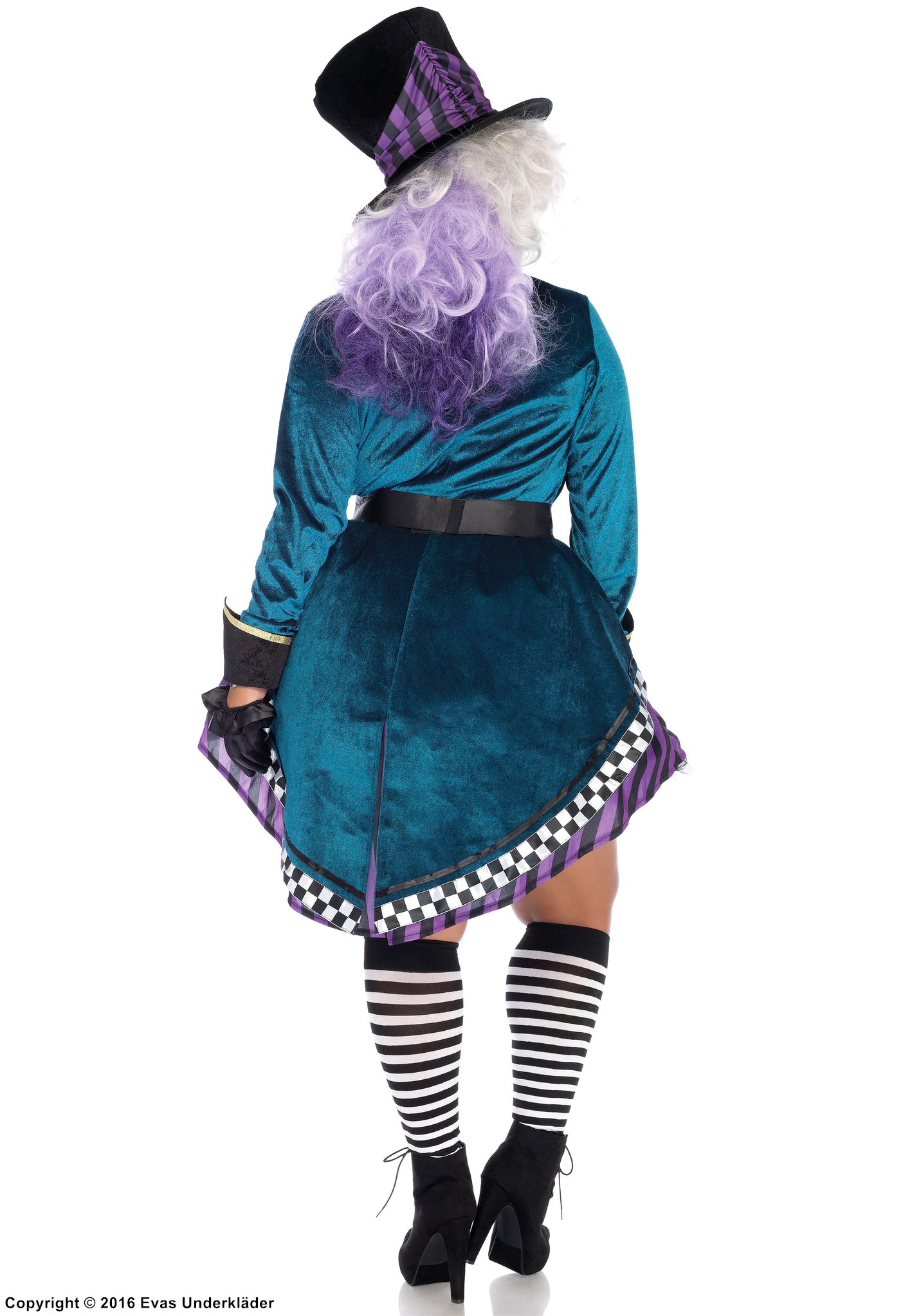 Female Mad Hatter, costume dress, long sleeves, belt, checkered pattern, XL to 4XL